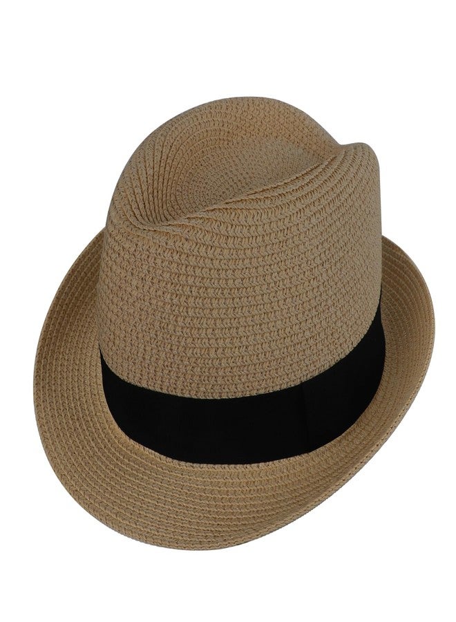 Holiberty Kids Straw Fedora Panama Hat Toddler Short Brim Summer Sun Beach Cap Western Trilby Derby Jazz Hat for Boys Girls 2-8 Yrs Light Coffee - Image 1